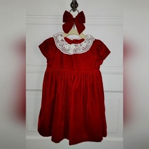 Janie & Jack red velvet lace holiday dress/set 18-24 months matching bow. ♥️
